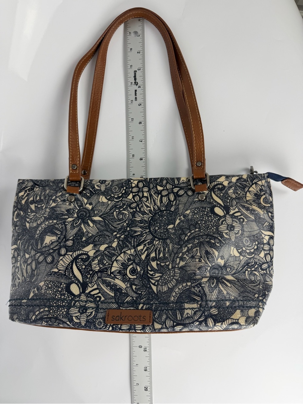 Sakroots Floral Canvas Tote Bag Brown Leather Straps Zip Top - Picture 11 of 14